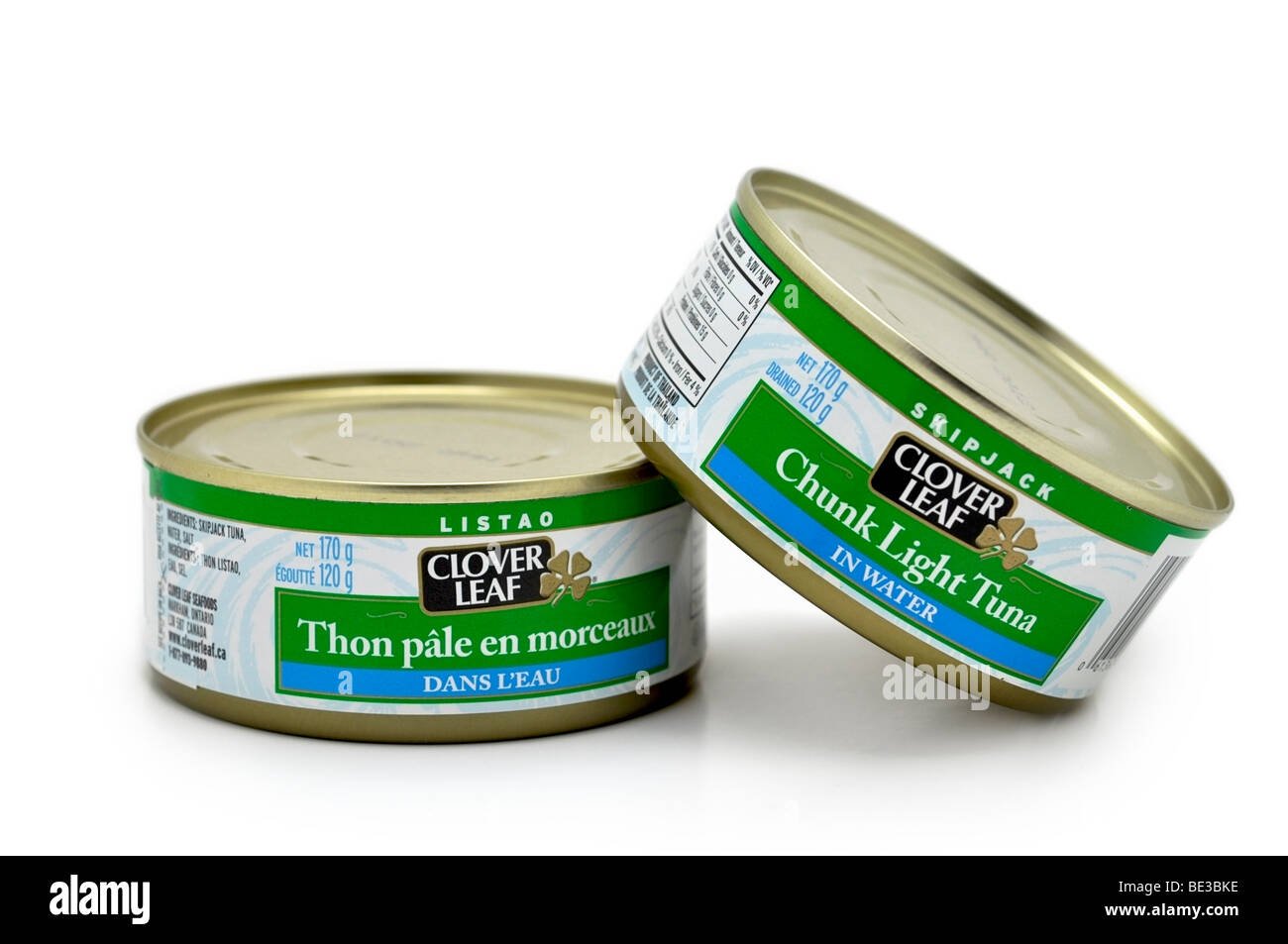 Morceaux en conserve de thon dans l'eau. Banque D'Images