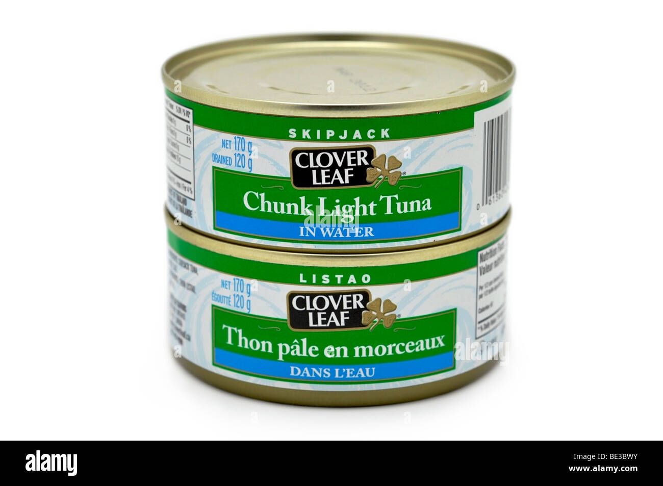 Morceaux en conserve de thon dans l'eau. Banque D'Images