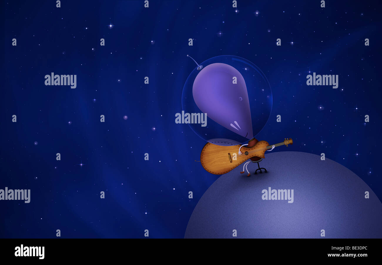 Illustration d'un Martien à jouer de la guitare au sommet d'une planète dans l'espace. Banque D'Images