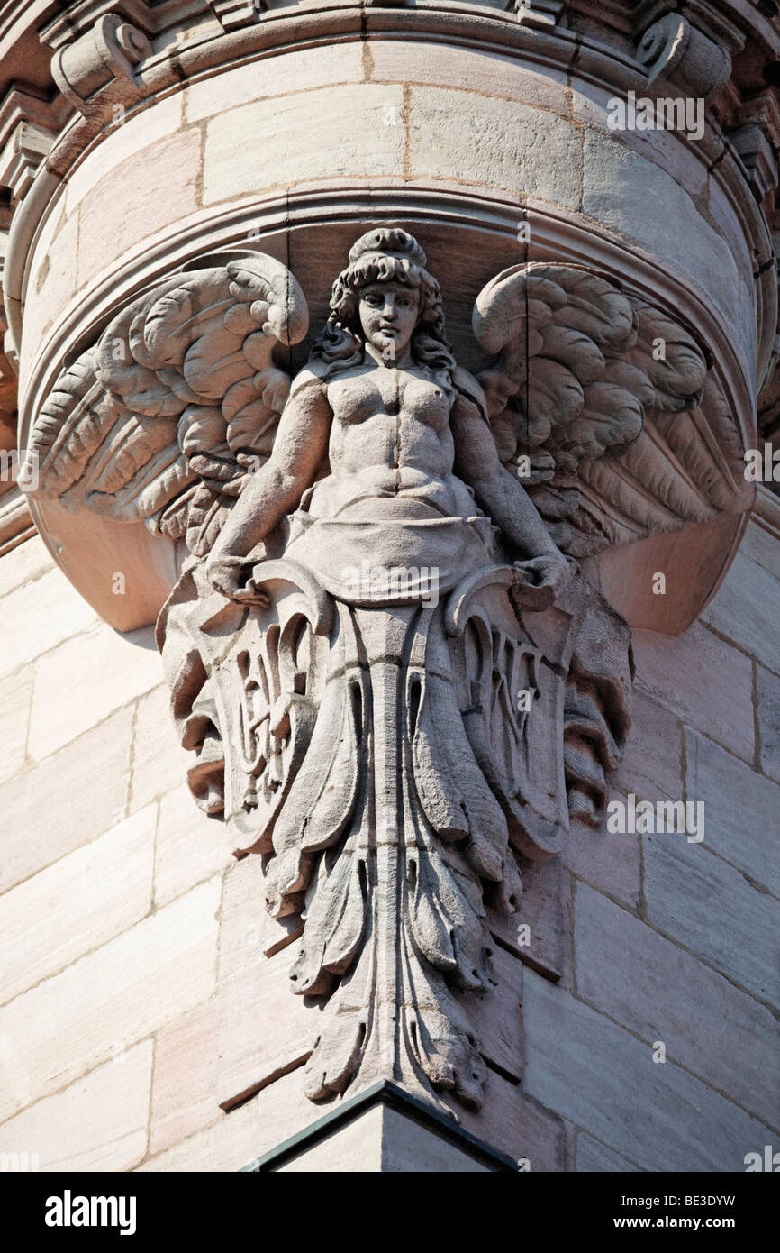 Figurine ange, de soutien, de la baie, maison, art nouveau, vieille ville, Nuremberg, Middle Franconia, Franconia, Bavaria, Germany, Europe Banque D'Images