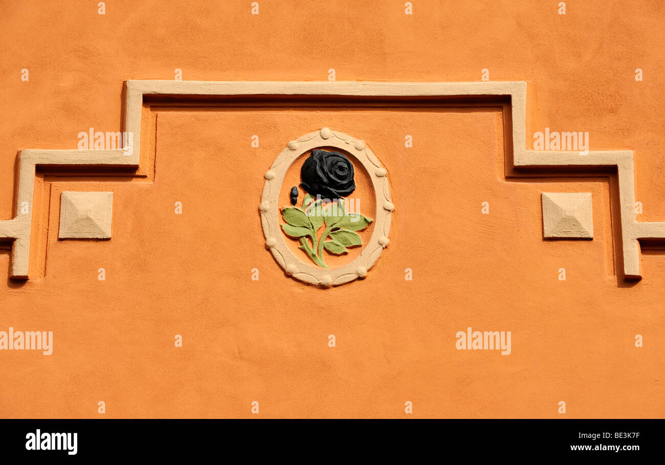 Rose noire, décoration baroque sur un mur de la maison, Ceske Budejovice, Bohème également Budweis, Budvar, la Bohême, République Tchèque, Europe Banque D'Images