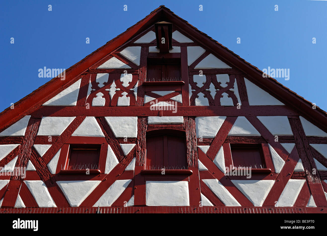 La Franconie historique half-timbered gables, gunzenhausen, Middle Franconia, Bavaria, Germany, Europe Banque D'Images