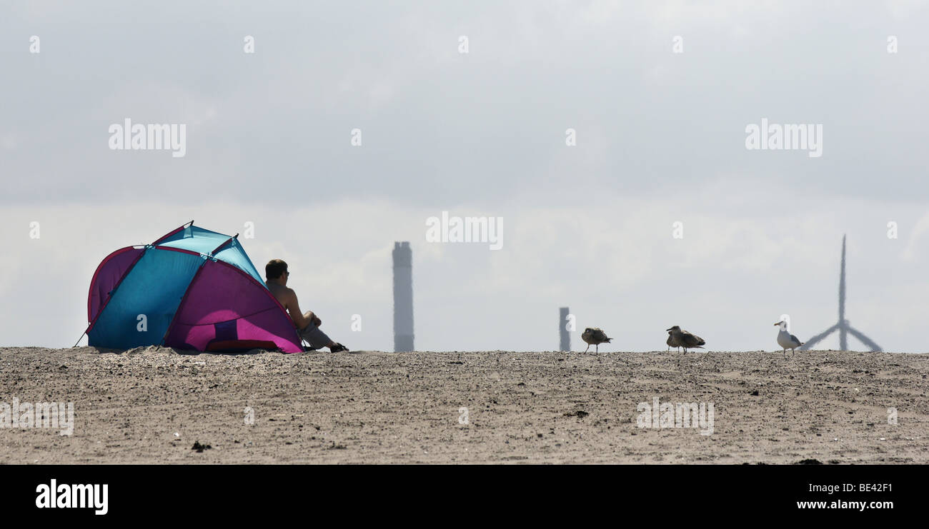 L'homme caché dans un abri du vent à Hoek van Holland plage avec trois mouettes à proximité d'attente et la cheminée qui sort à l'horizon Banque D'Images