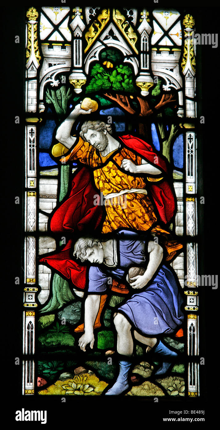 Un vitrail représentant la lapidation de saint Etienne, l'église St Pierre Dunston, Lincolnshire Banque D'Images