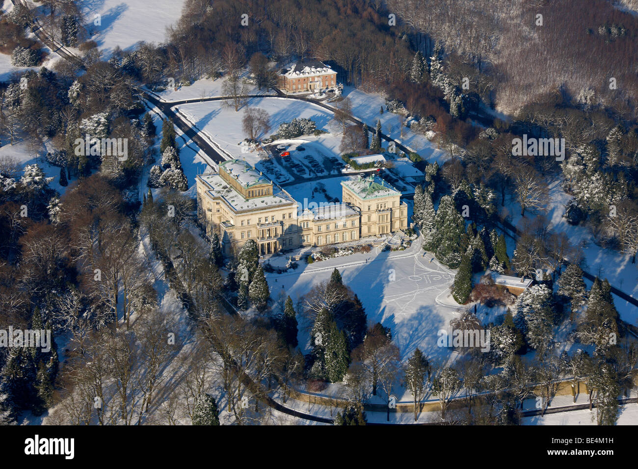 Photo aérienne, Villa Huegel, Bertholt Beitz, neige, Essen, Ruhr, Rhénanie du Nord-Westphalie, Allemagne, Banque D'Images