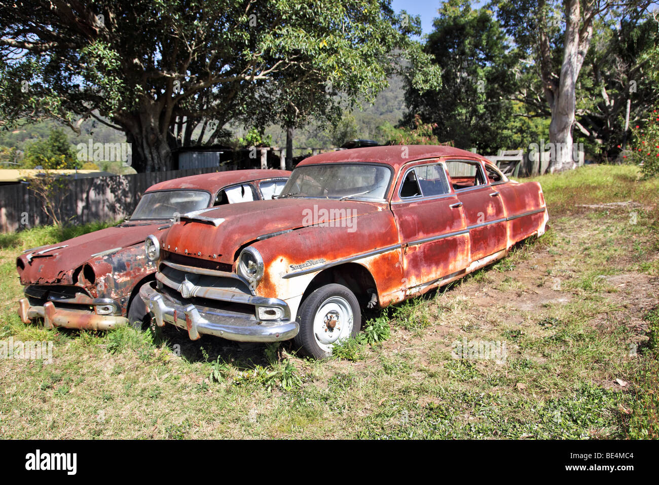 Vieilles voitures rouillées dans un champ herbeux vintage car Super Hudson Wasp Banque D'Images