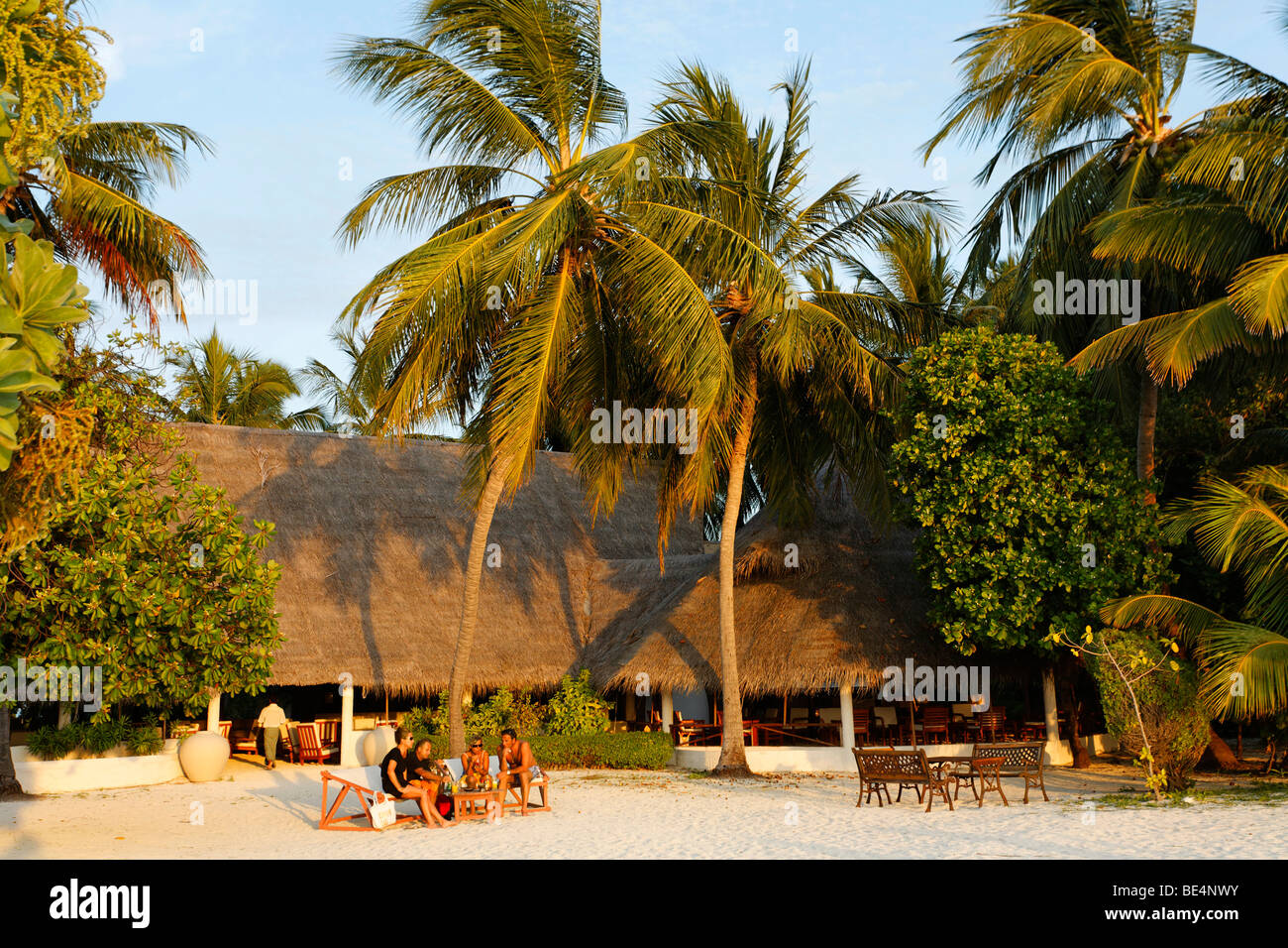 Clients en face du hall, le bar de l'île les Maldives, South Male Atoll, Maldives, Achipelago, Asie, Océan Indien Banque D'Images
