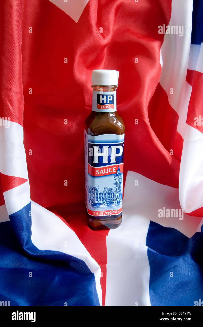 Sauce HP, un accompagnement britannique traditionnel à une variété de plats copieux, tels que saucisses et purée. Banque D'Images