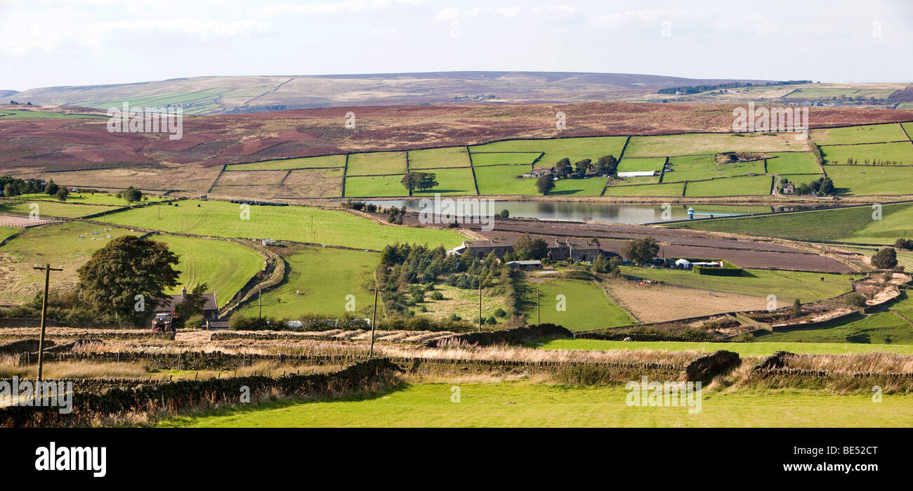 Royaume-uni, Angleterre, dans le Yorkshire, Oxenhhope, ferme à bord de la lande au-dessus du réservoir d'Leeshaw vue panoramique Banque D'Images