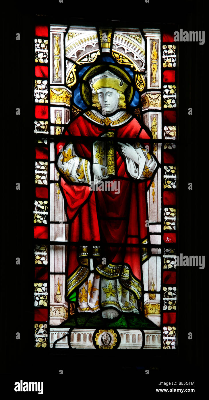 Fenêtre en vitraux conçue par Frederick Heathcoate Sutton représentant le prophète Obadiah, église Brent Broughton, Lincolnshire Banque D'Images