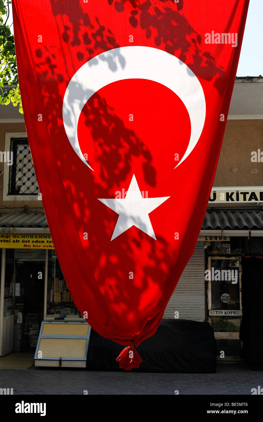 Grand drapeau turc, suspendu entre les arbres, Book Bazaar, Place Beyazit, Istanbul, Turquie Banque D'Images