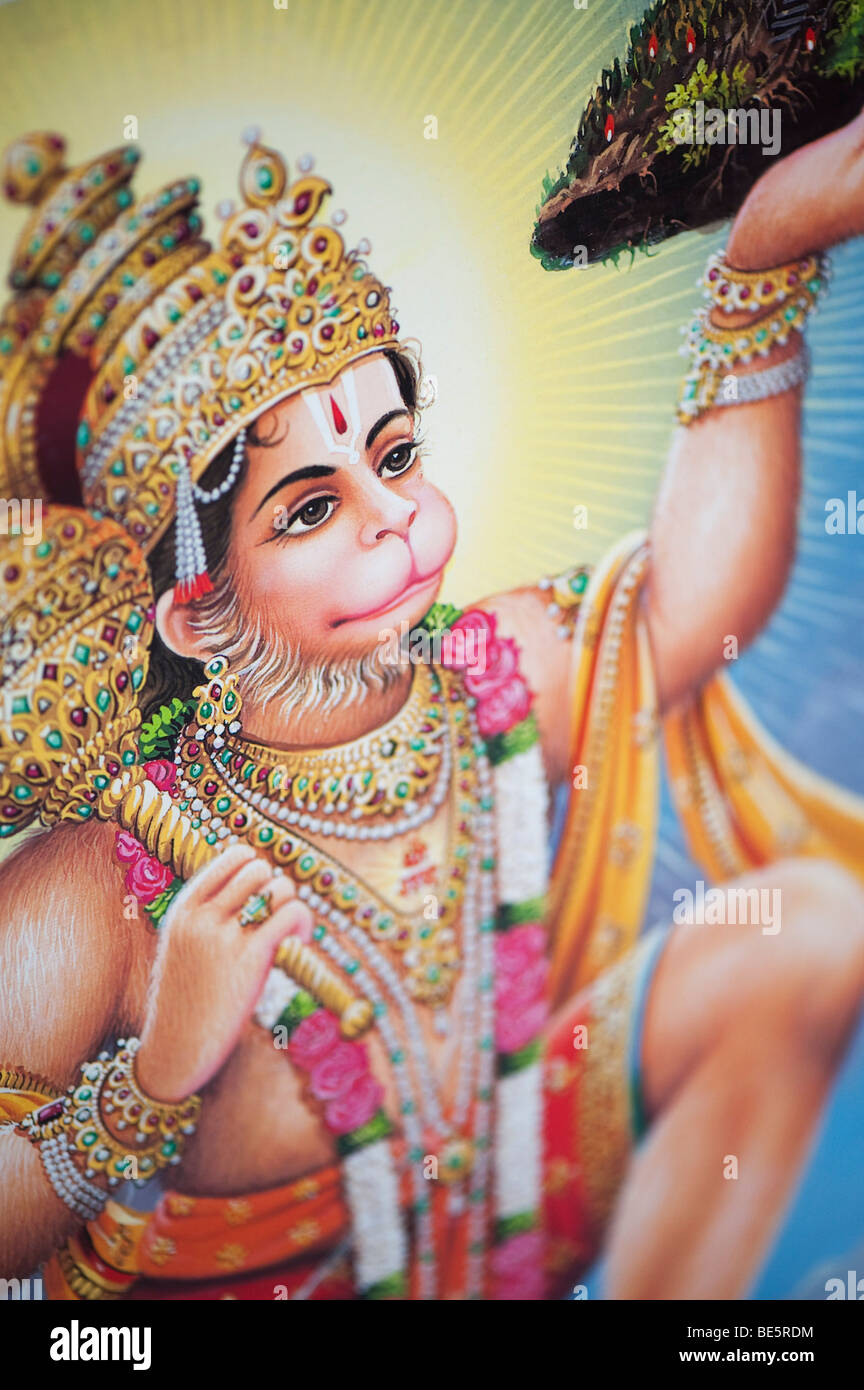 Le Dieu Singe Hanuman représenté sur un hindou de l'affiche. L'Inde Banque D'Images