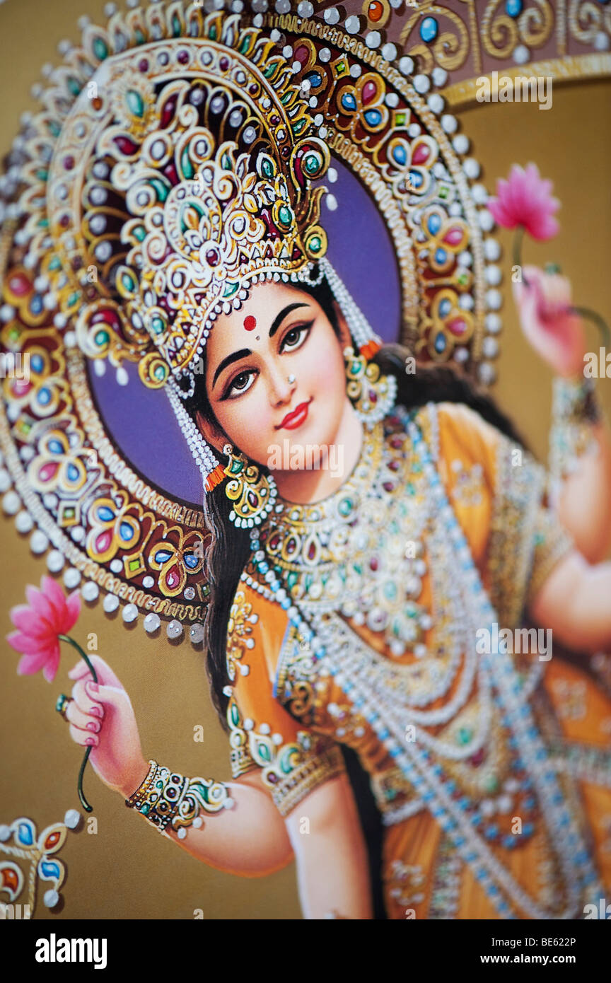 Déesse hindoue Lakshmi représentée sur un Indien de l'affiche. L'Inde Banque D'Images