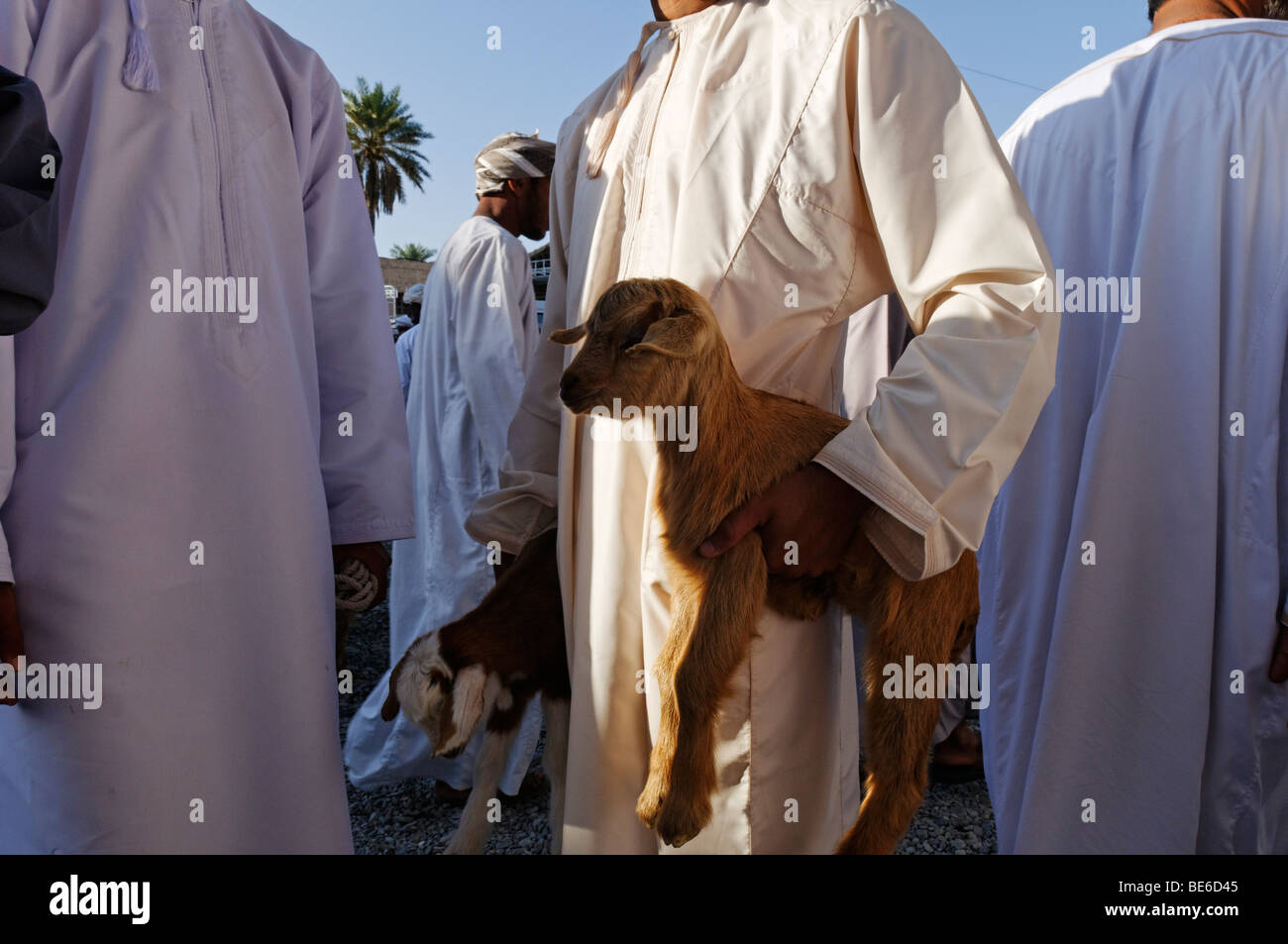 La chèvre et les hommes en costume traditionnel omanais, le bétail ou les animaux marché à Nizwa, Hajar al Gharbi Montagnes, région, S Dakhliyah Al Banque D'Images