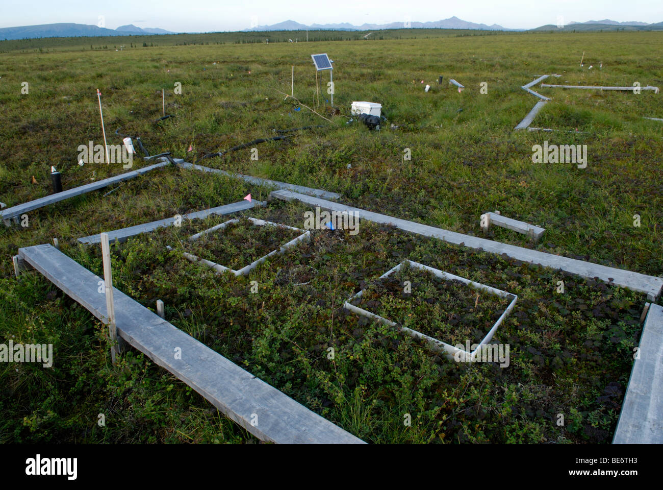 Site de recherche sur le changement climatique, de l'Alaska. La libération de dioxyde de carbone par le dégel du pergélisol est mesurée avec la croissance de la toundra. Banque D'Images