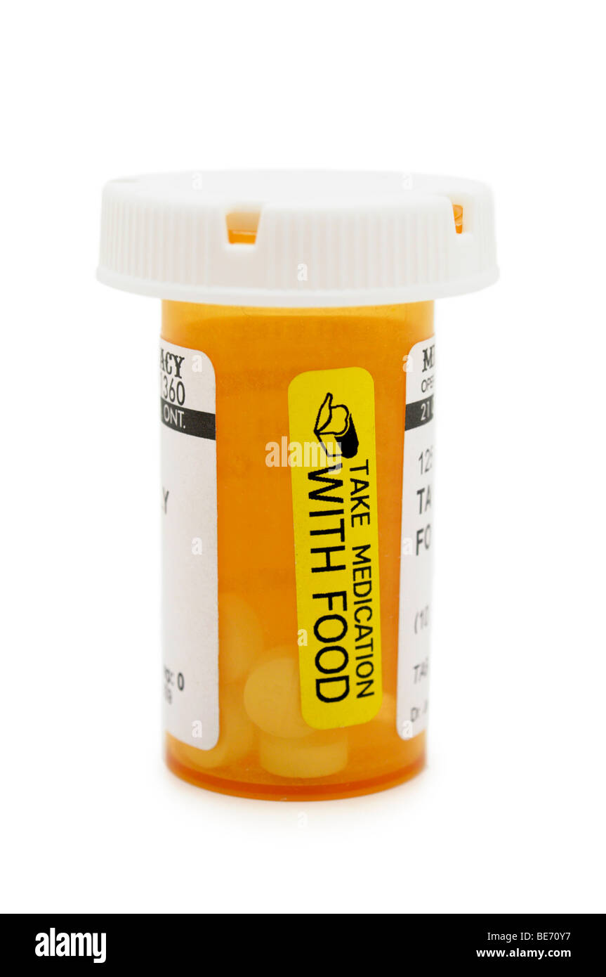 Bouteille de prescription à caractère consultatif / messages d'avertissement sur les étiquettes. Banque D'Images