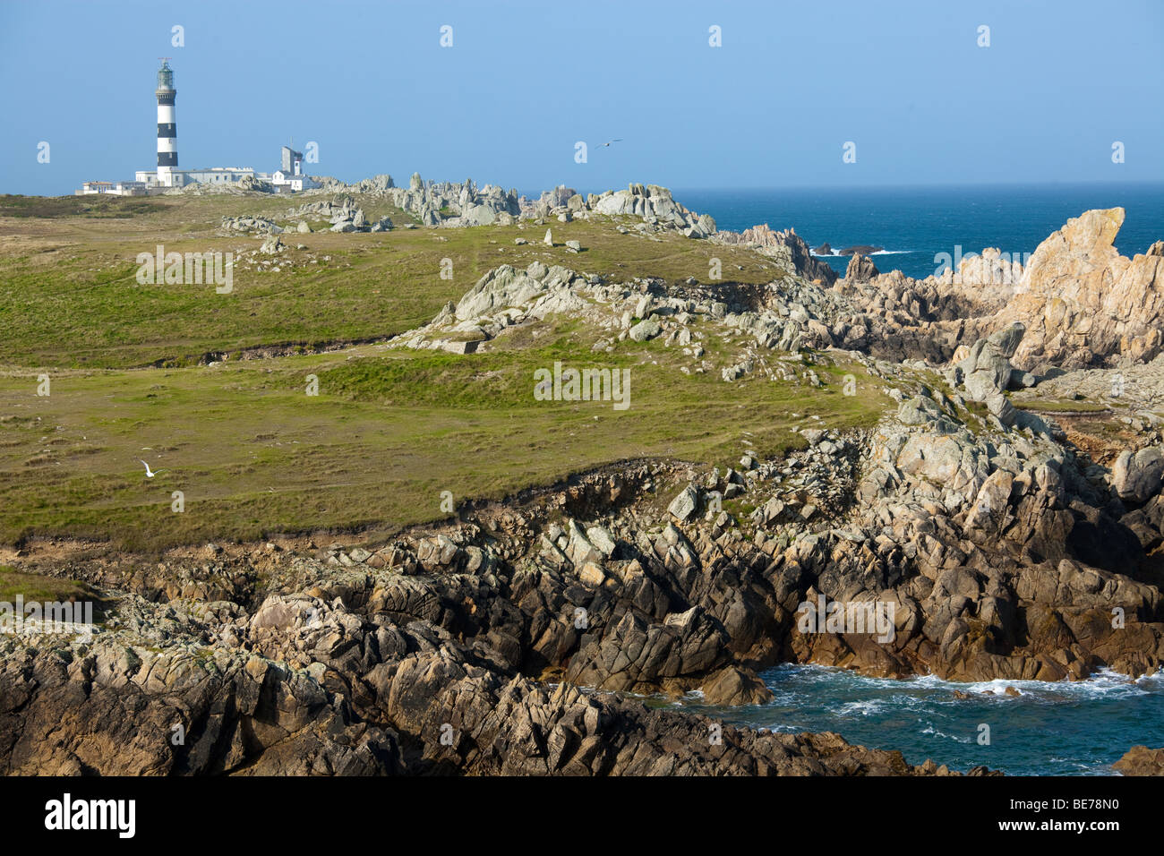 Paysage de l'île d'ouessant et le phare de creac'h, Finistère, Bretagne, France Banque D'Images