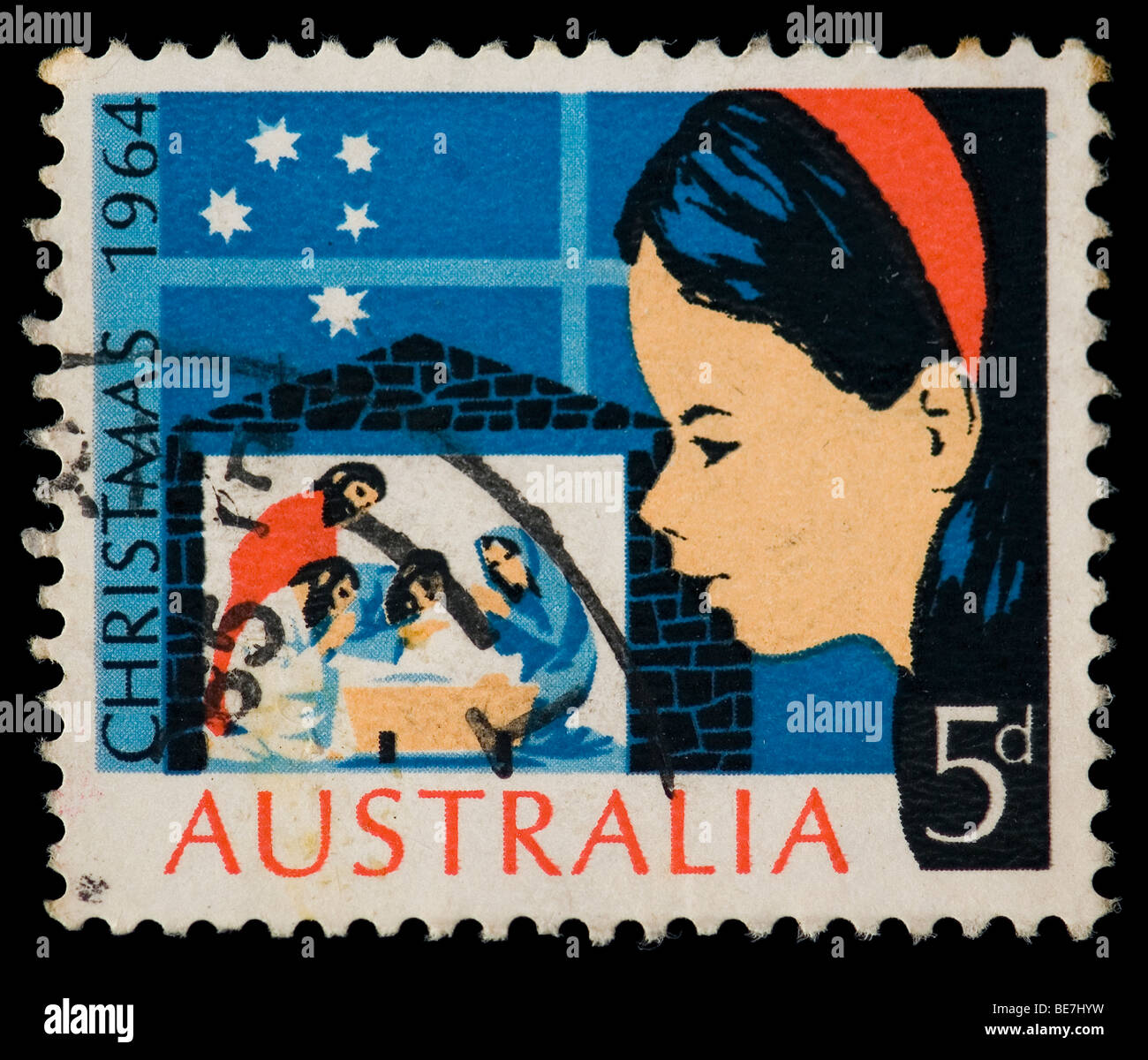 Vintage timbre-poste avec Noël nativité illustration. L'Australie, 1964. Banque D'Images