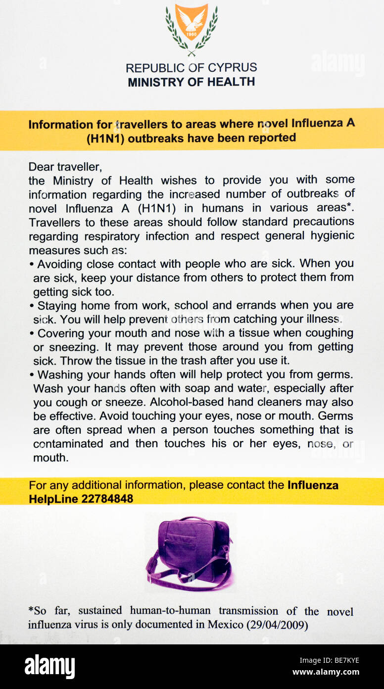Affiche d'information et d'alerte sur la grippe porcine et comment l'éviter, l'aéroport international de Larnaca, Chypre. Banque D'Images