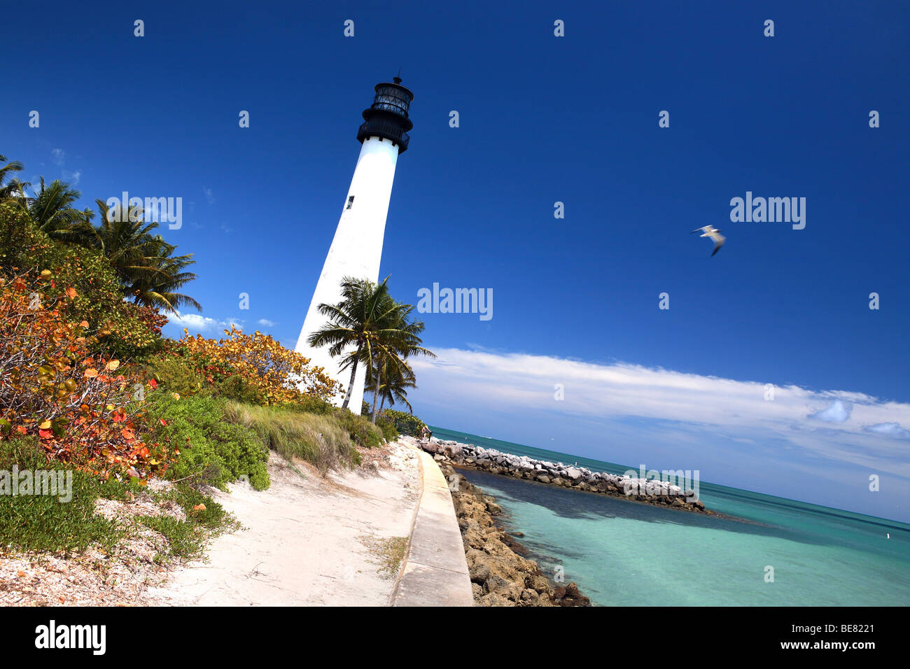 Le phare de Cape Florida sous ciel bleu, parc national Bill Baggs, Key Biscayne, Miami, Floride, USA Banque D'Images