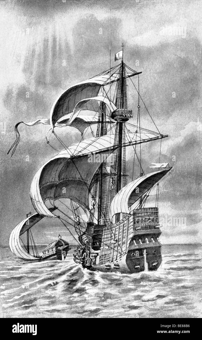 1910 Cette illustration montre un navire néerlandais 1500s, par de nouvelles avancées dans la conception des navires : plus d'espace de pont et plus d'espace d'armes à feu. Banque D'Images