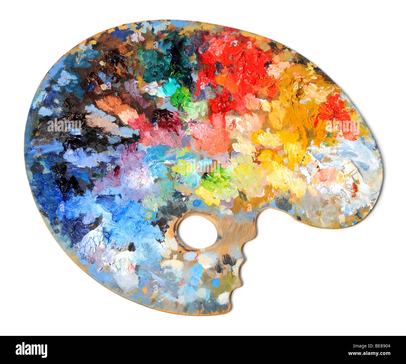 La palette de l'artiste isolé avec différentes couleurs sur fond blanc Banque D'Images