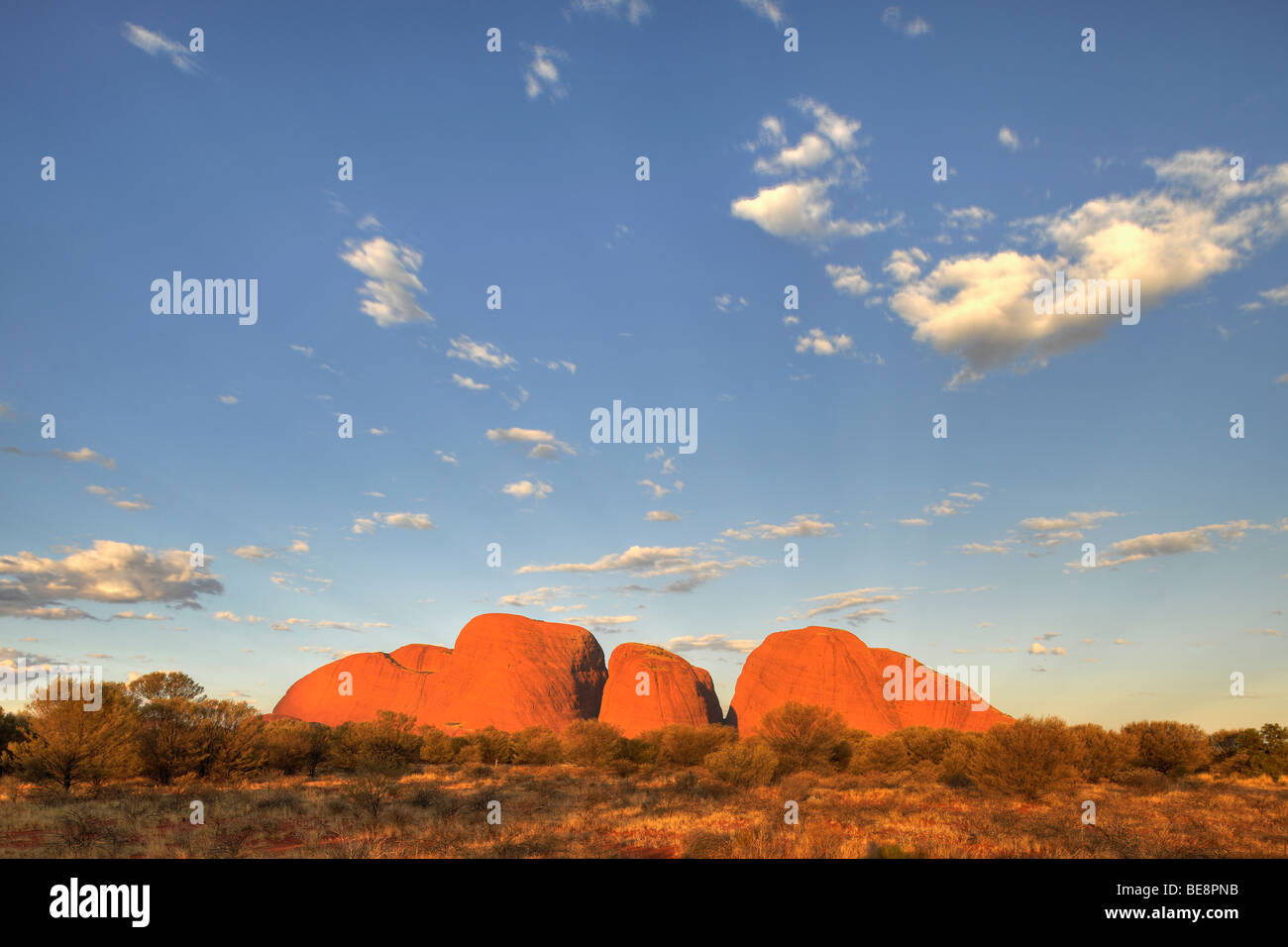 Les Olgas rock formation au coucher du soleil, Parc National d'Uluru-Kata Tjuta, Territoire du Nord, Australie Banque D'Images