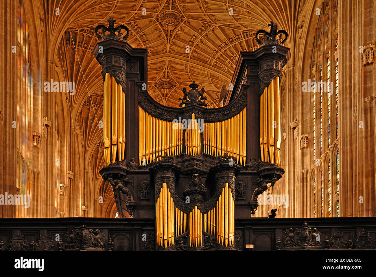 Ecole d'orgue et ventilateur gothique à King's College Chapel, fondée en 1441 par le Roi Henry VI., King's Parade, Cambridge, Cambridges Banque D'Images