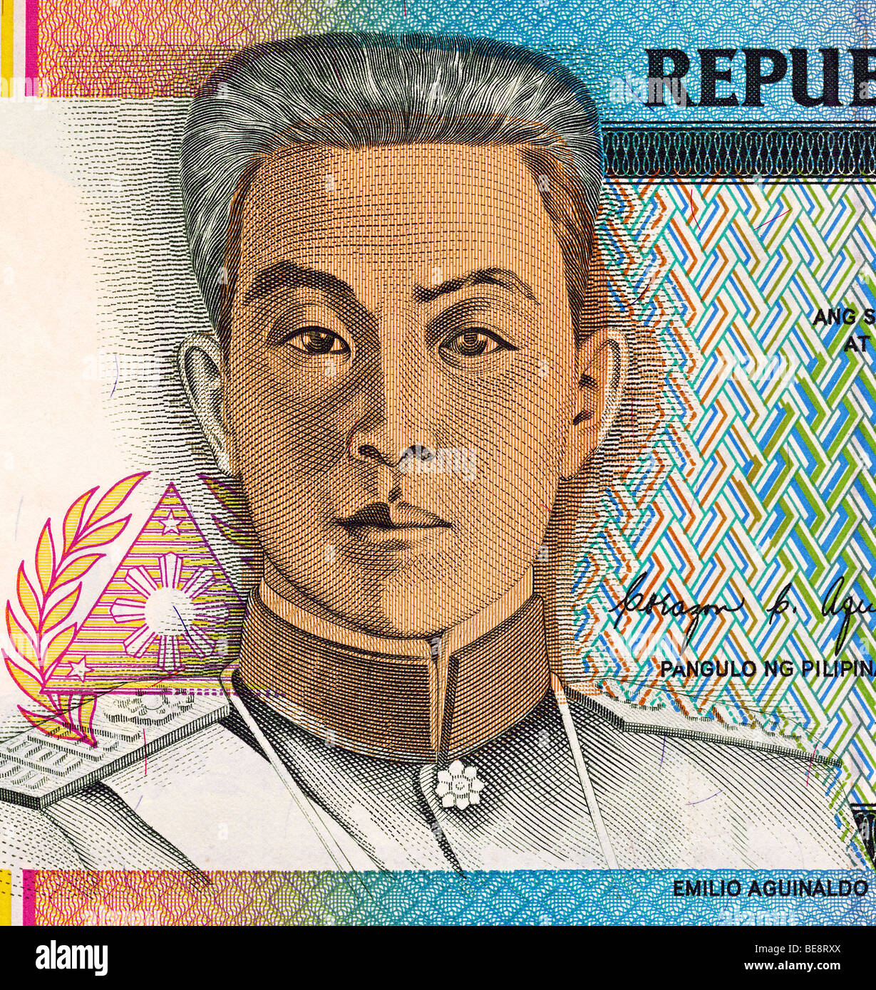Billet de 5 peso philippin, Emilio Aguinaldo Portrait. Banque D'Images