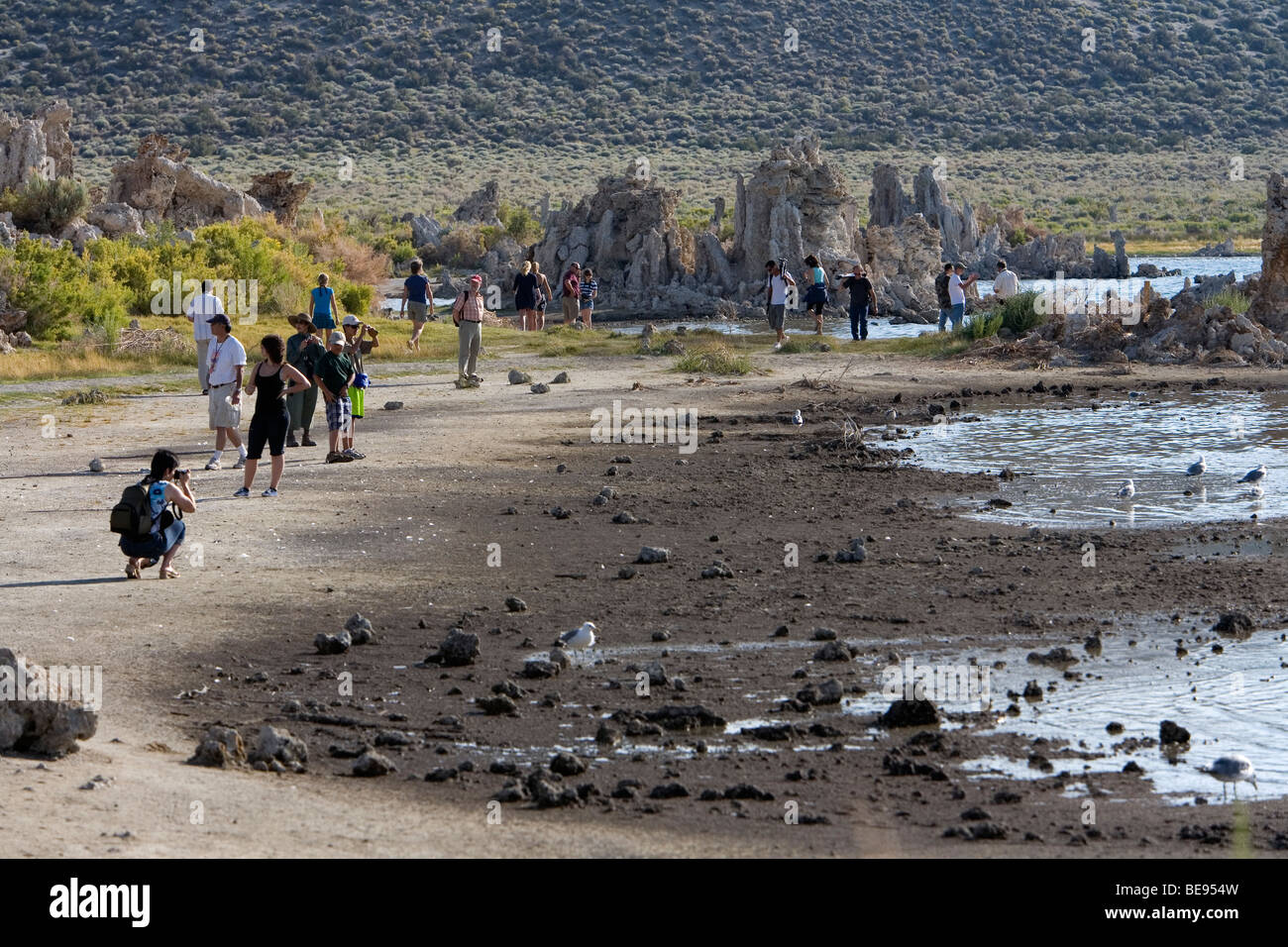 Les touristes marcher sur rive du lac Mono, en Californie Banque D'Images