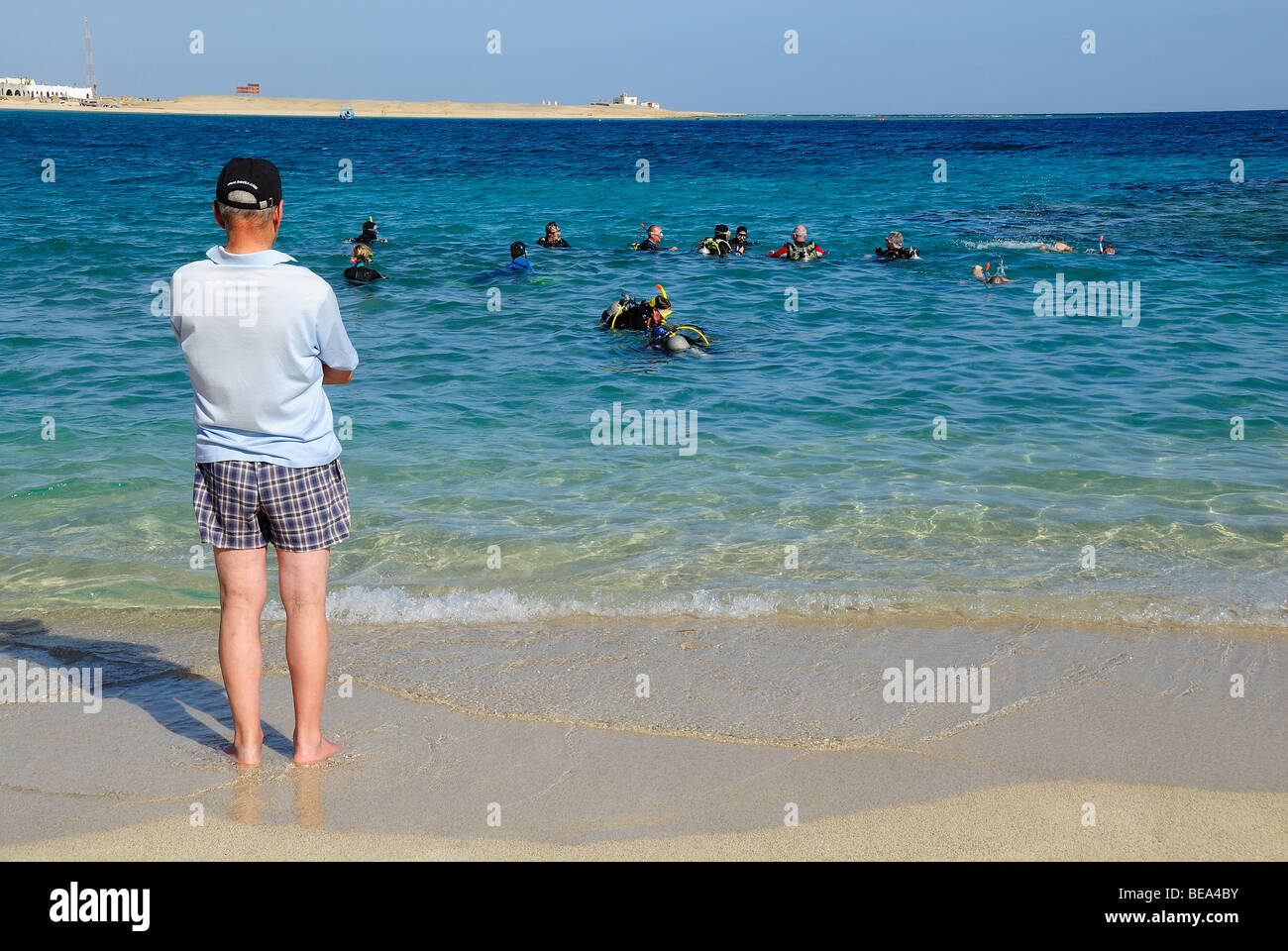 L'homme à la recherche de plongeurs plongée depuis le rivage en Egypte Banque D'Images