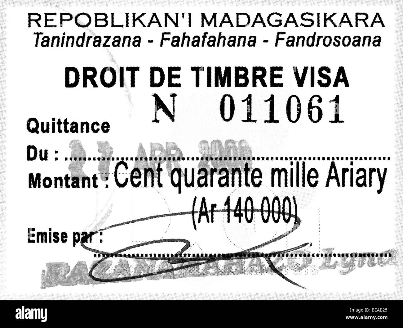 République de Madagascar, visa d'entrée. Banque D'Images