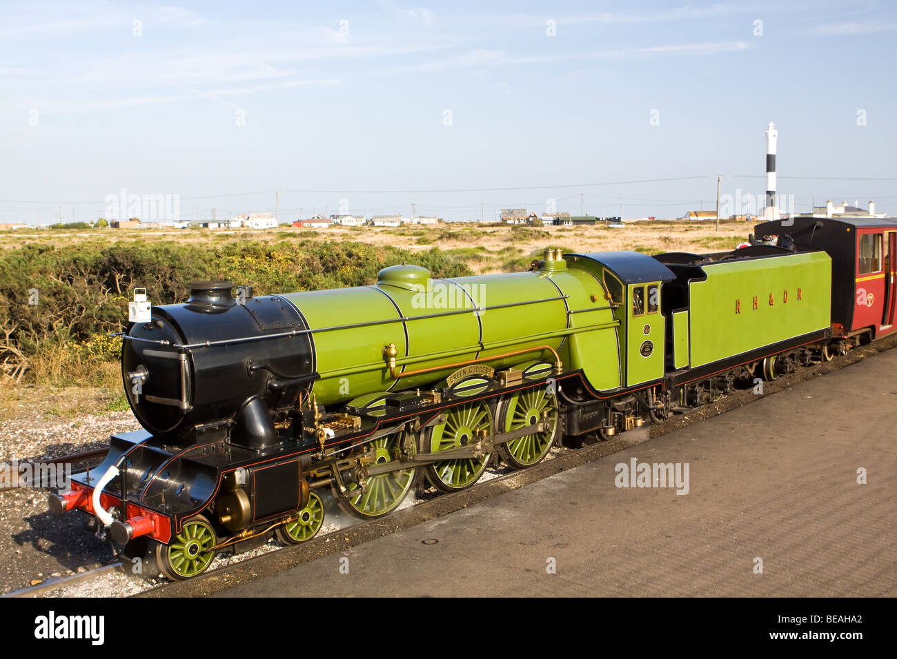 Déesse Verte du moteur n° 1 sur le Romney Hythe et Dymchurch Railway à Dungeness Banque D'Images