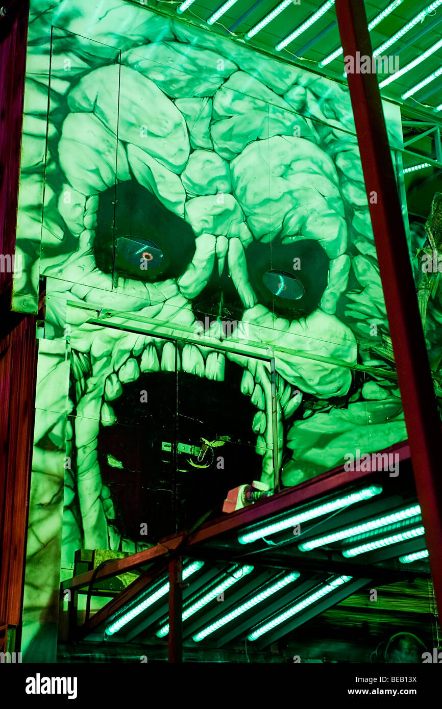 Portrait photographique d'une photo d'un crâne sur un champ de foire ghost train ride. Banque D'Images