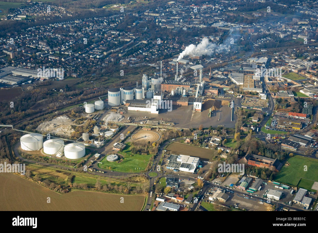 Photo aérienne de l'usine de sucre de betterave à sucre, Juelich, Allemagne Banque D'Images