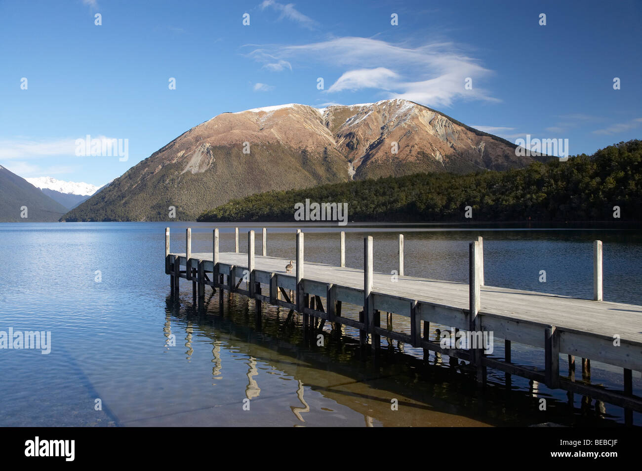 Jetée, Lac Rotoiti, Mt et Robert, St Arnaud, Nelson Lakes National Park, district de Tasmanie, île du Sud, Nouvelle-Zélande Banque D'Images
