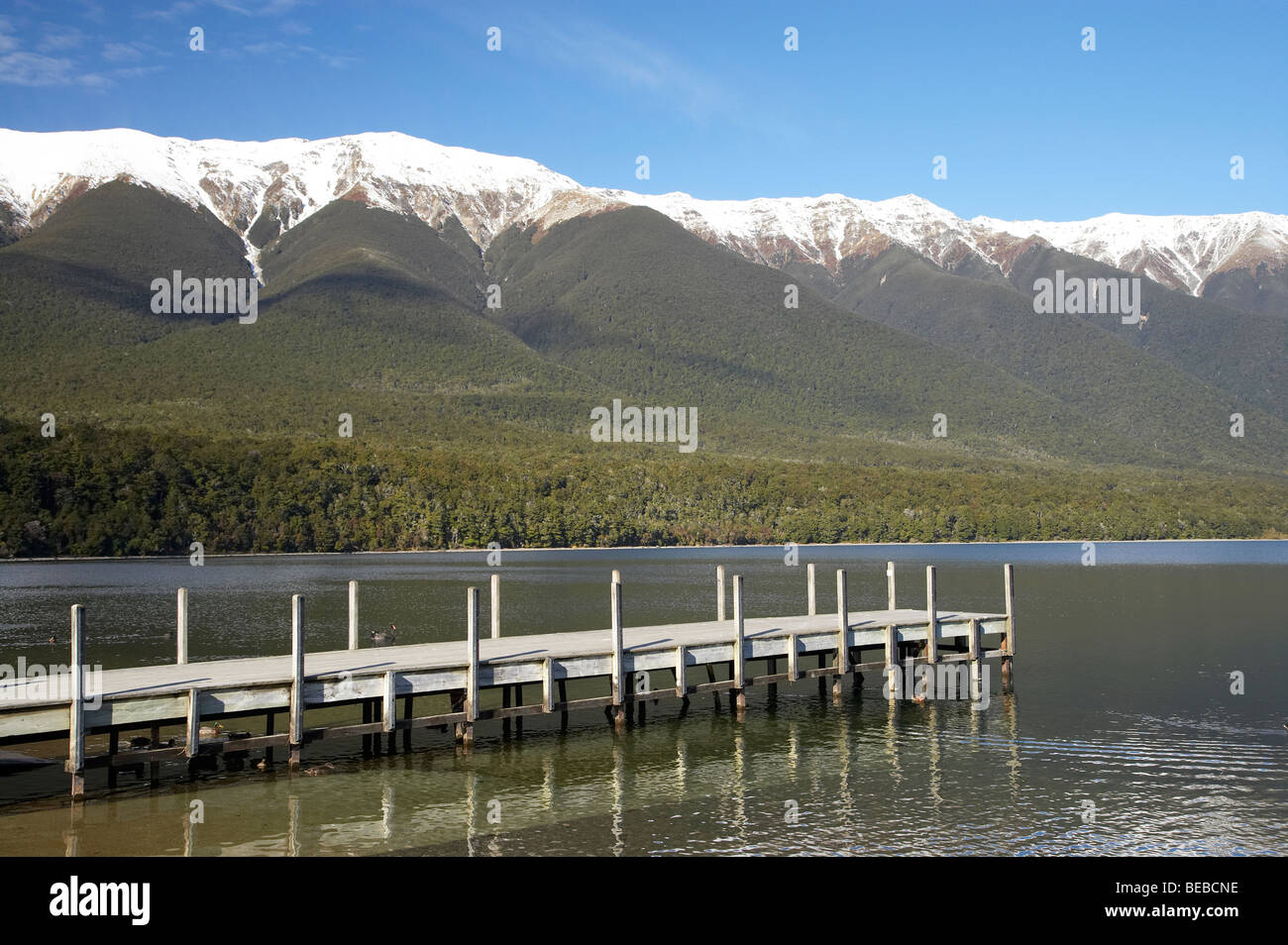 Jetée, Lac Rotoiti, et St Arnaud, St Arnaud, Nelson Lakes National Park, district de Tasmanie, île du Sud, Nouvelle-Zélande Banque D'Images
