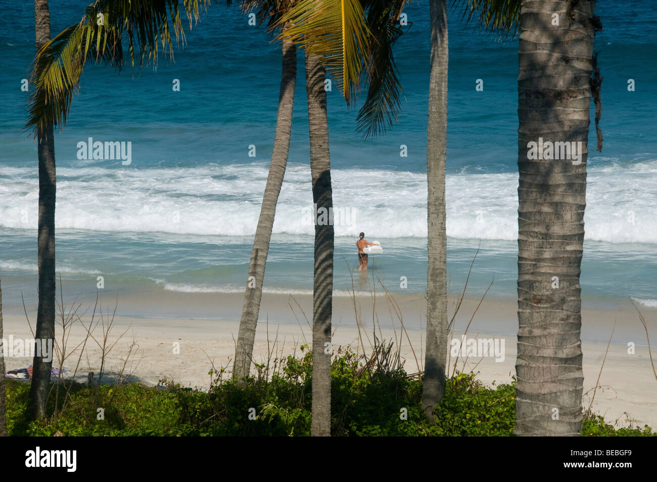 Belle plage espionné par les palmiers à Bali Indonésie Banque D'Images