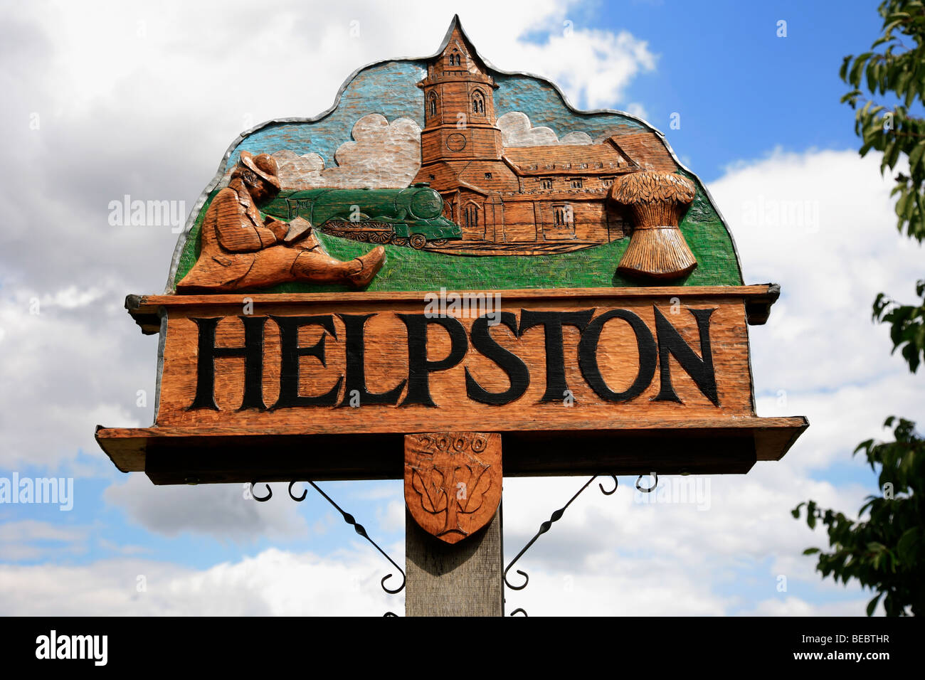 Helpston Village panneau en bois Comté de Cambridgeshire England Angleterre UK Banque D'Images