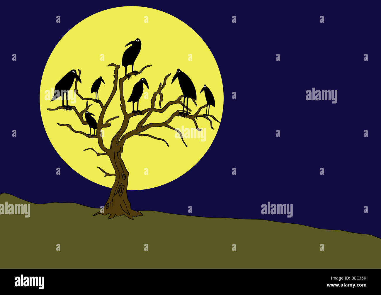 Les corbeaux sur l'rampike de nuit avec la pleine lune Banque D'Images