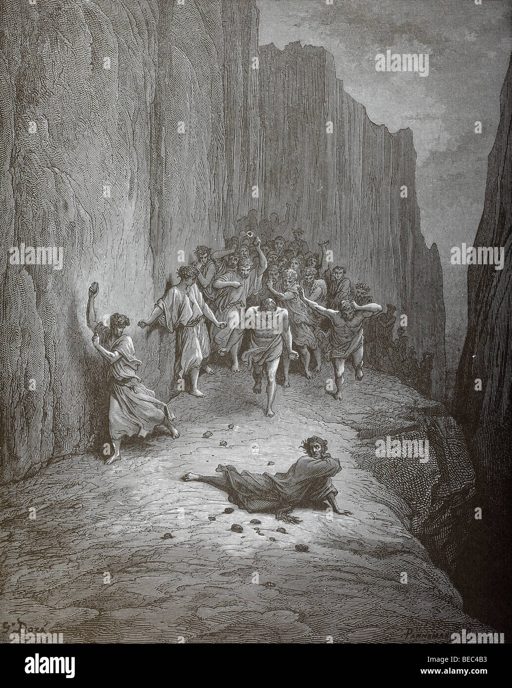 L'illustration de Gustave Dore 'la lapidation d'Etienne' de la Divine Comédie de Dante Banque D'Images