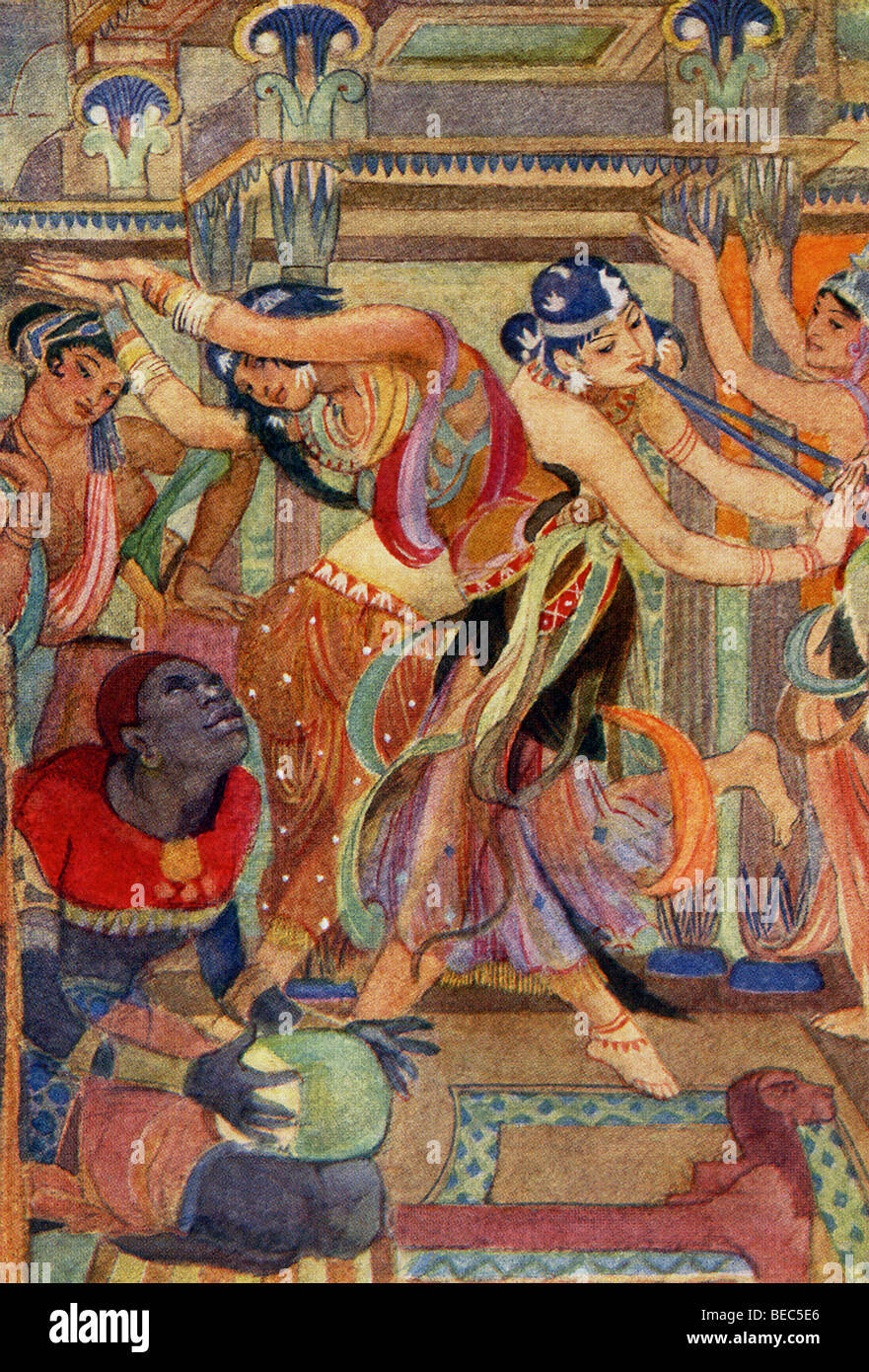 Les déesses Isis, Nebhat, Meskhent et Hakt ont comme danseuses à Rud-didet après elle a enfanté des fils du dieu Ra. Banque D'Images