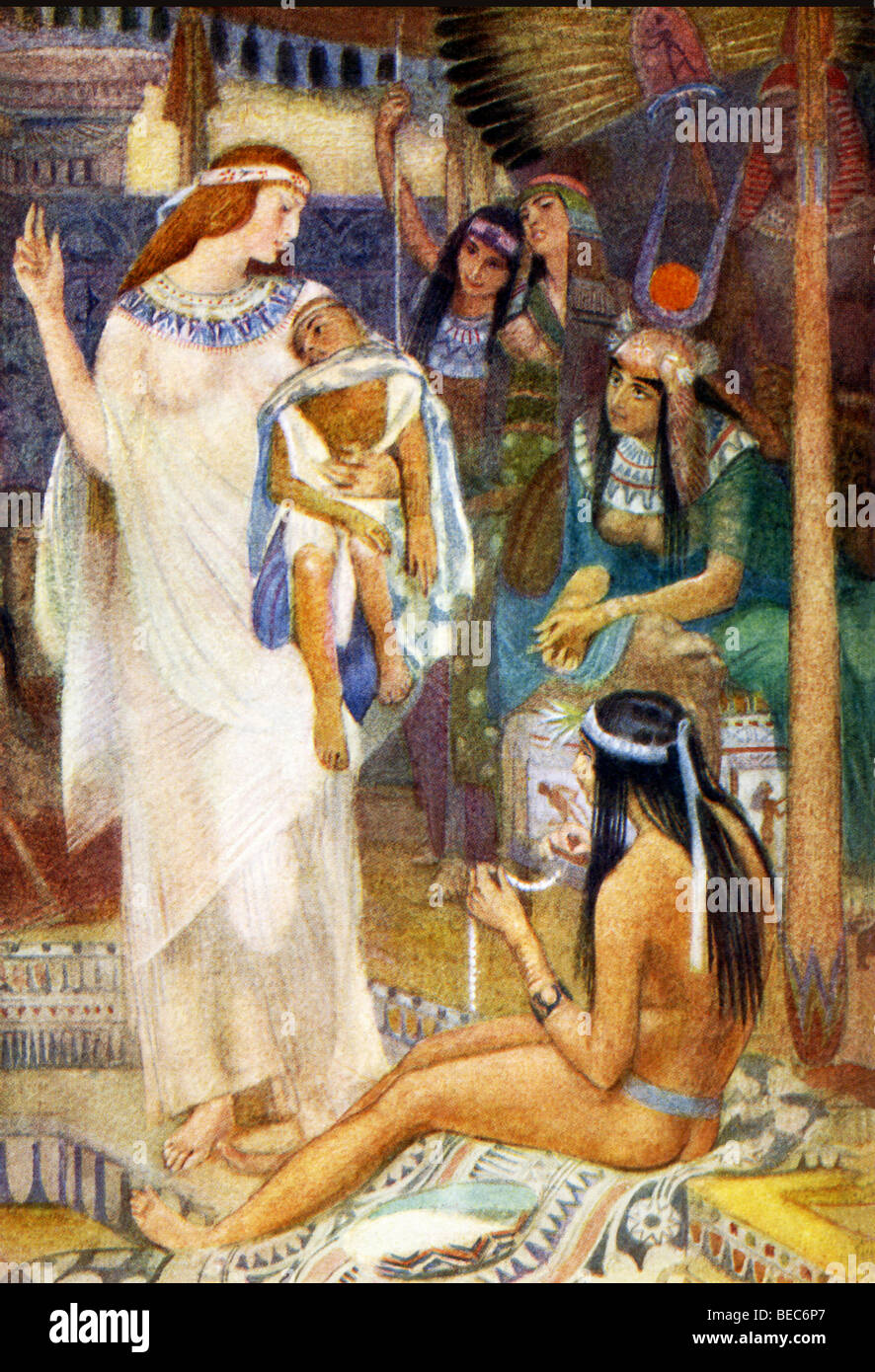 1915 Cette illustration montre la déesse égyptienne Isis portant le bébé prince. dans le palais de Byblos (Liban). Banque D'Images