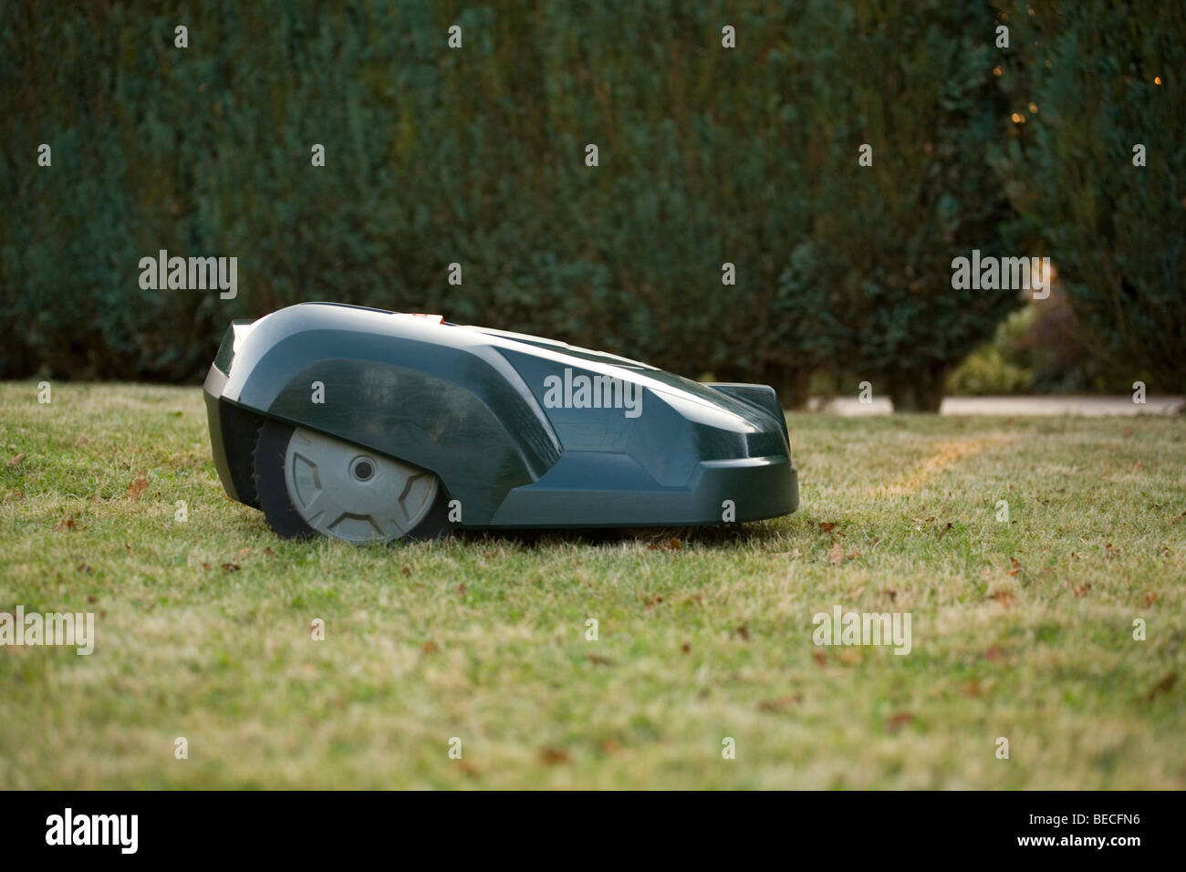 Vue latérale d'une tondeuse robot automatique vert couper l'herbe en face d'une couverture verte Banque D'Images