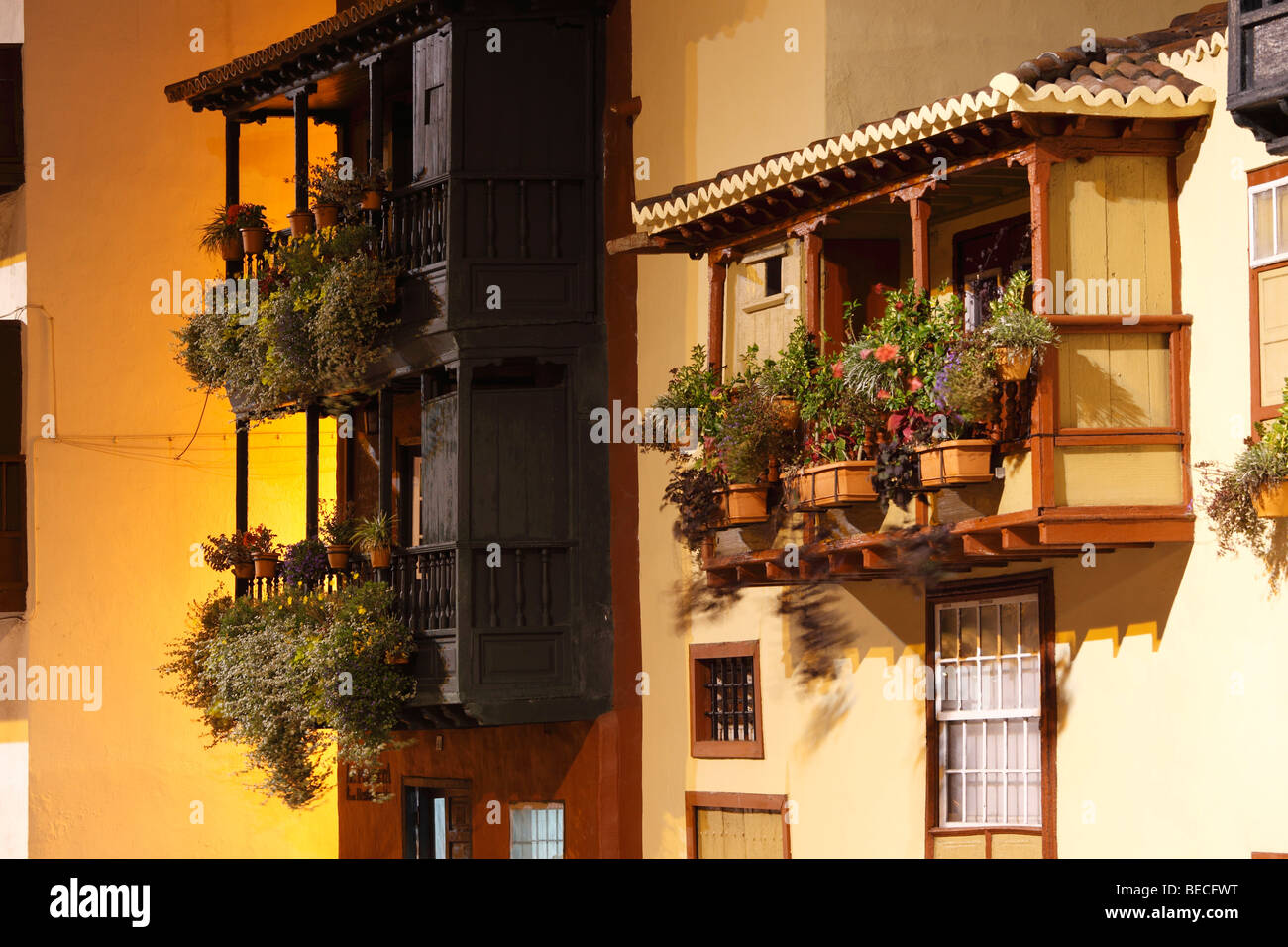 Balcon des maisons dans l'Avenida Marítima, Santa Cruz de la Palma, La Palma, Canary Islands, Spain Banque D'Images
