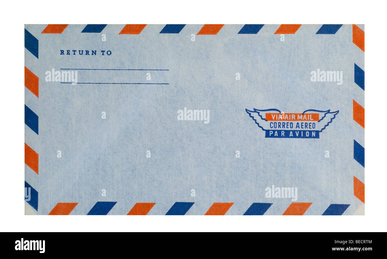 Lettre par avion avec des boîtes de trapèze bleu et rouge à l'extérieur de l'enveloppe, shot on white with clipping path Banque D'Images