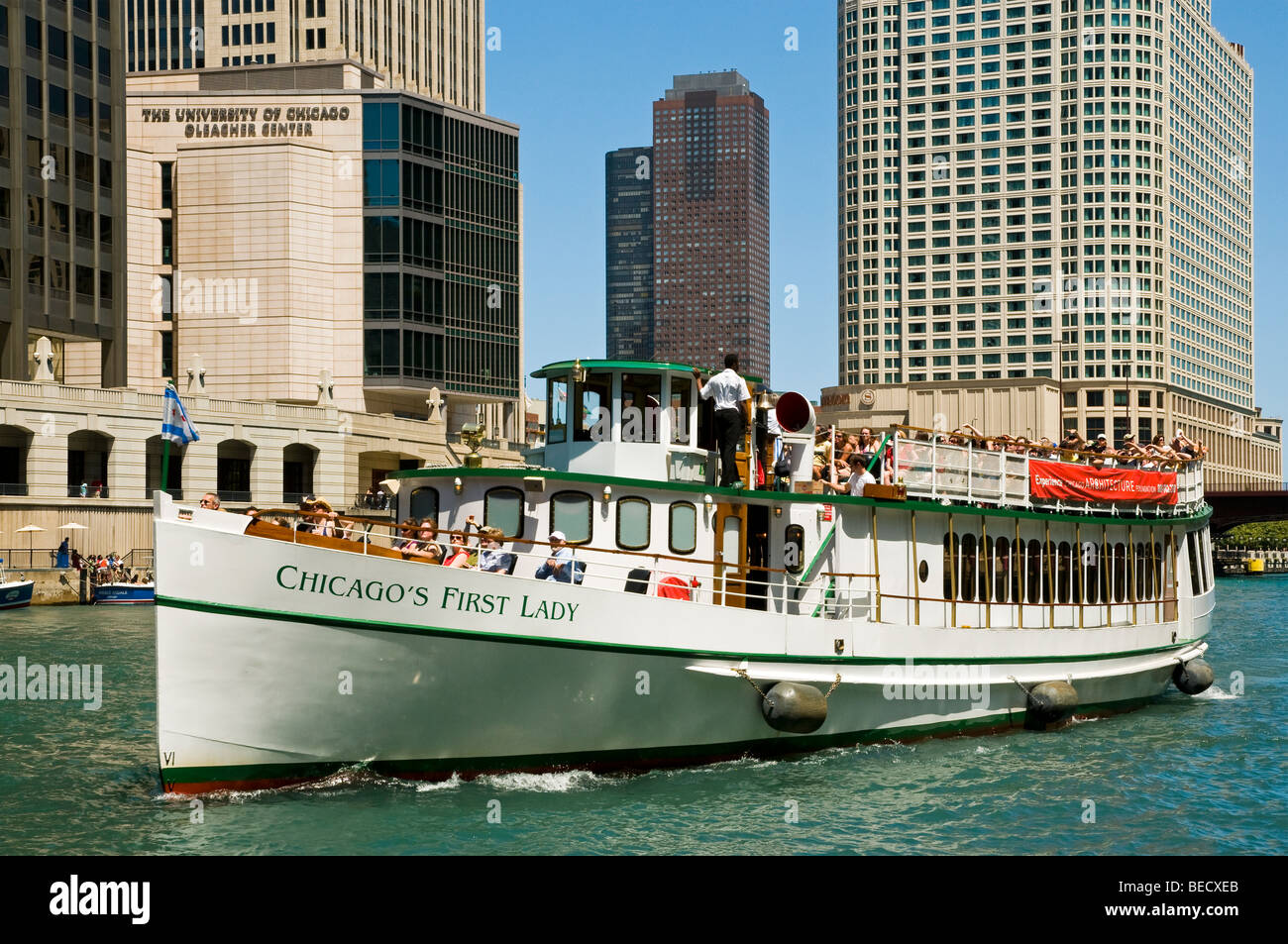 Visite architecturale bateau "Chicago's First Lady" Croisière sur la rivière Chicago. Banque D'Images