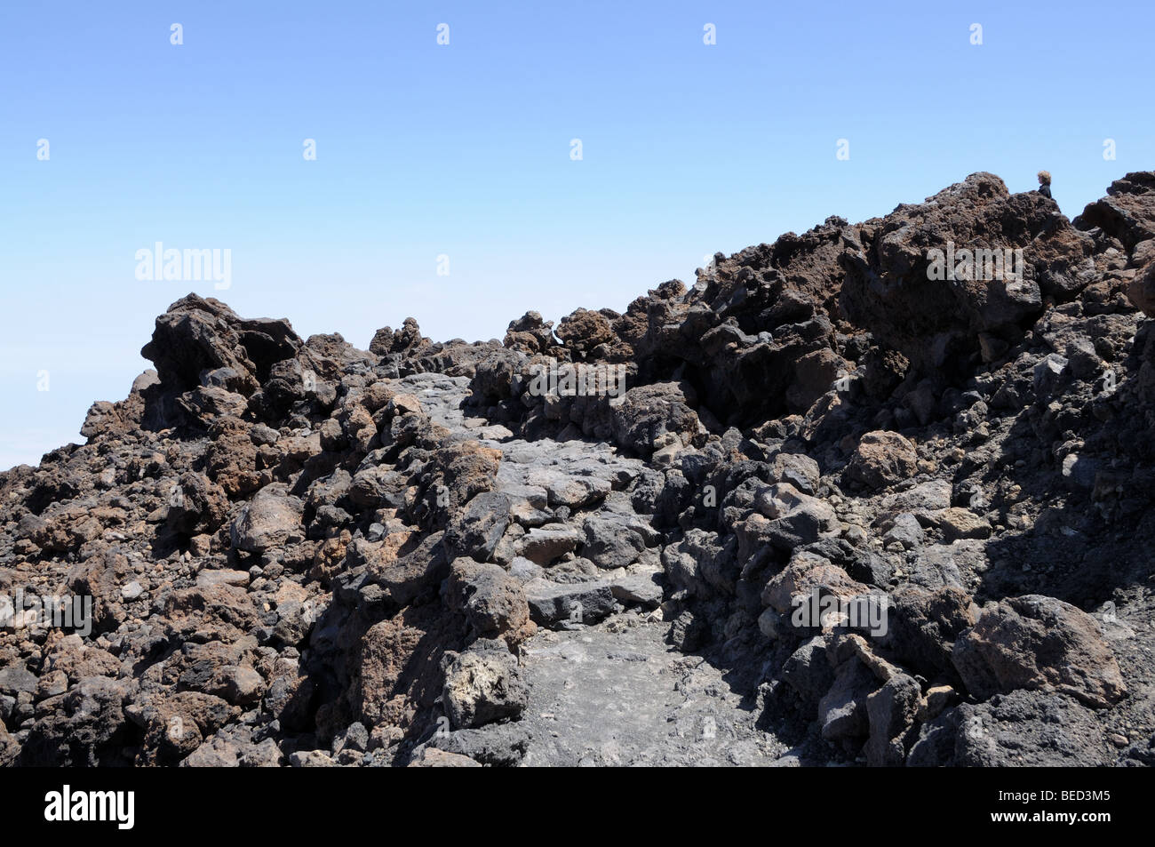 Chemin dans le champ de lave sur le dessus du volcan Teide, Tenerife, Espagne Banque D'Images