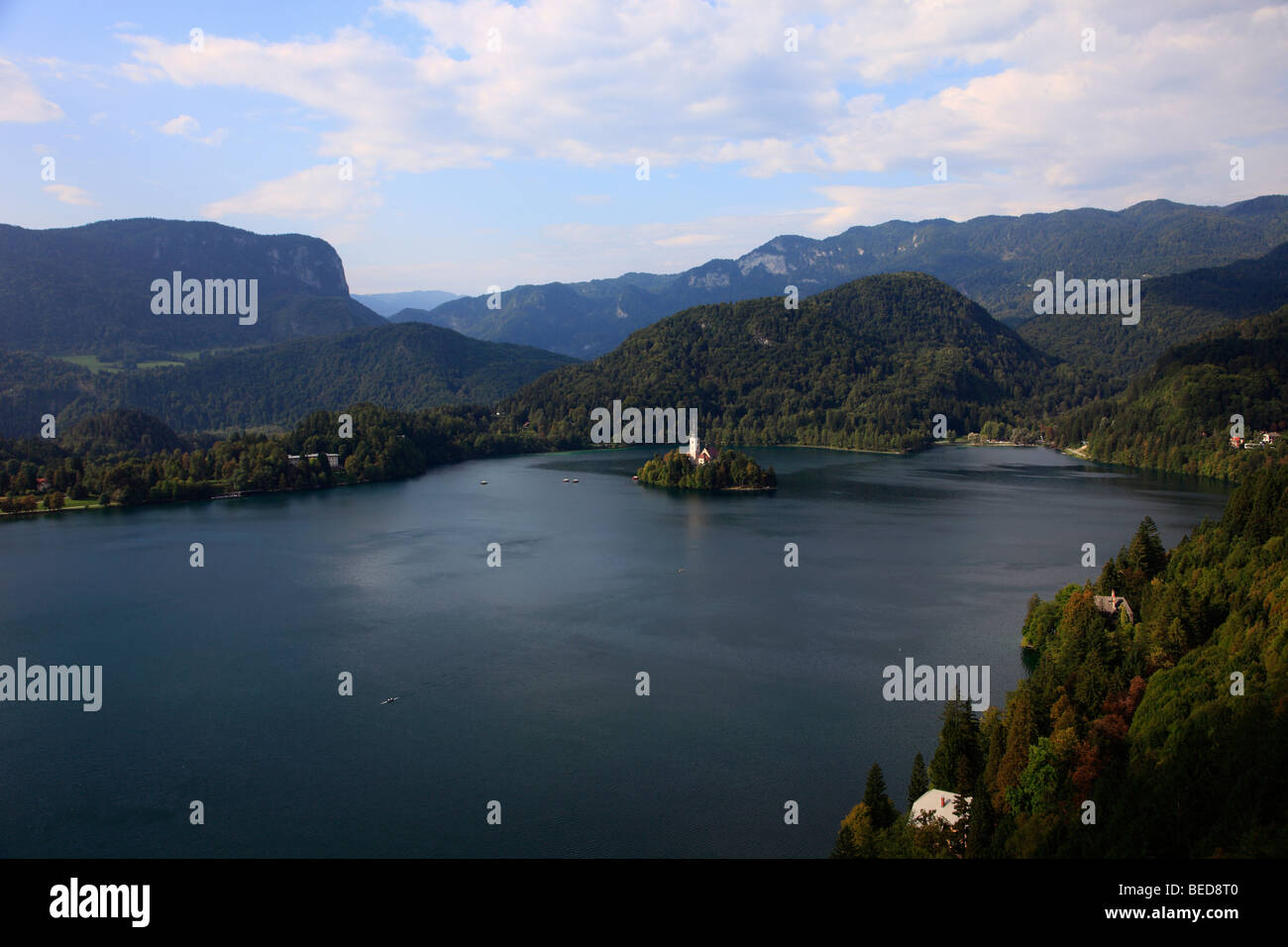 La Slovénie, Bled, Lac, paysage, paysage montagneux de l'île Banque D'Images