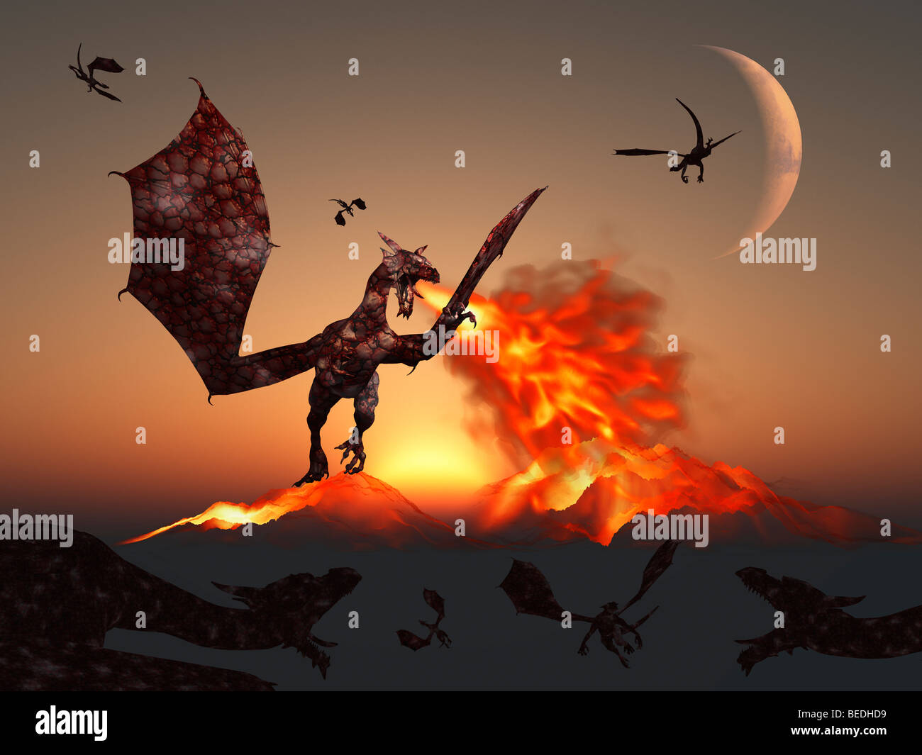 Montagnes de Feu produit par un Dragon de Feu Stock